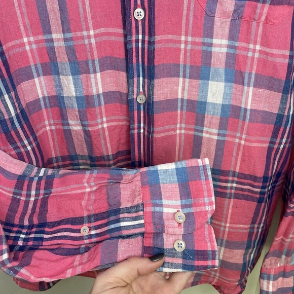 Southern Tide Linen Trim Fit Skipjack Pink Blue Plaid Button Up Shirt Medium M - Picture 6 of 14